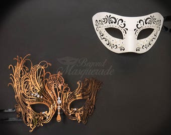 Couples Masquerade Masks White Leather Mask - Bestselling Rose Gold Mask and Laser Cut Masquerade Mask with Diamonds