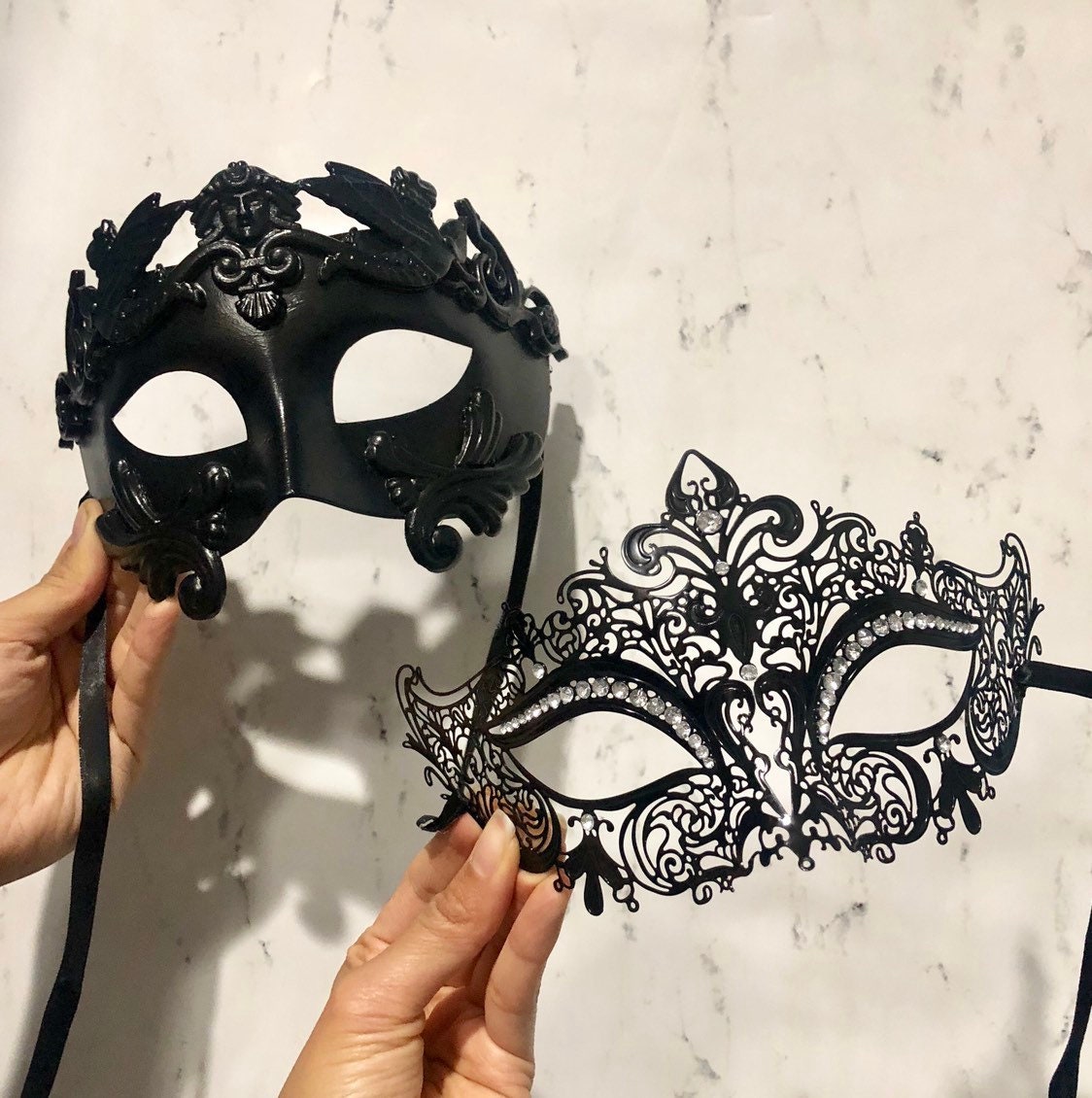 Filigree Black Phantom Masquerade mask pair for couple Halloween Party Mask 
