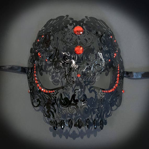 Demon Skull Laser Cut Black Metal Masquerade Mask With Red Rhinestones