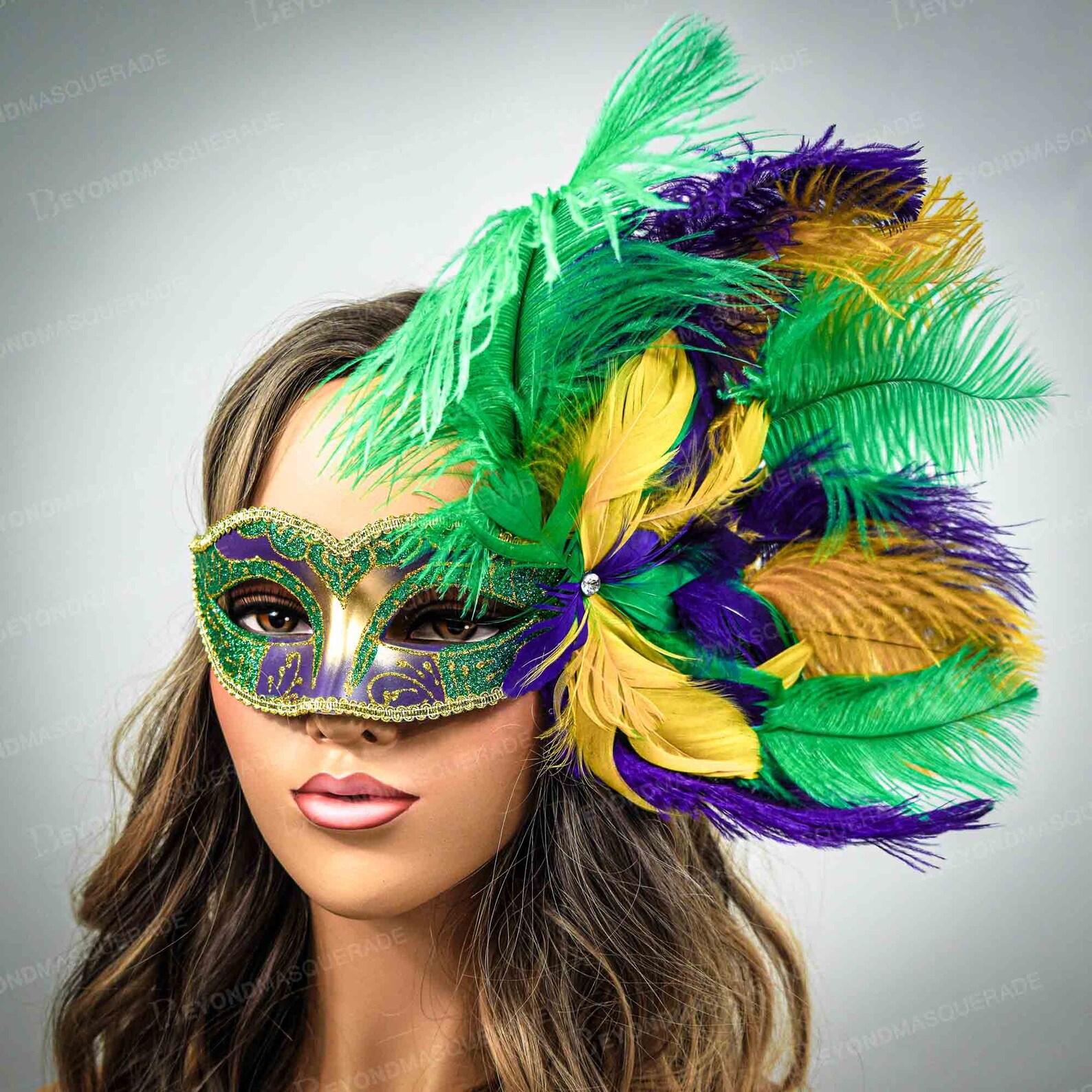 Mardi Gras Masquerade Masks Green Mask Large Feathers Green Etsy