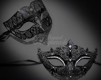 Black Masquerade Mask [Luxury Couples Set] - His and Her's Black Masquerade Mask Set - Laser Cut Men Mask and Lady's Mask with Diamonds