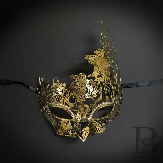 Charming Black Laser Cut Venetian Metal Mask with Purple Rhinestones