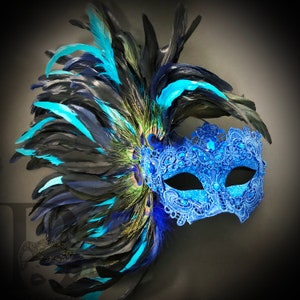 Blue Masquerade Masks, Blue Feather Mask, Masquerade Mask Halloween Mask Masquerade Ball Mardi Gras Feather Masquerade Masks, Teal Blue