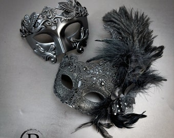 Black Lace Feather Masquerade Mask, Mardi Gras Venetian Masquerade Ball Mask, Couples Masquerade Masks, Roaring 20s Masks His and Hers Mask