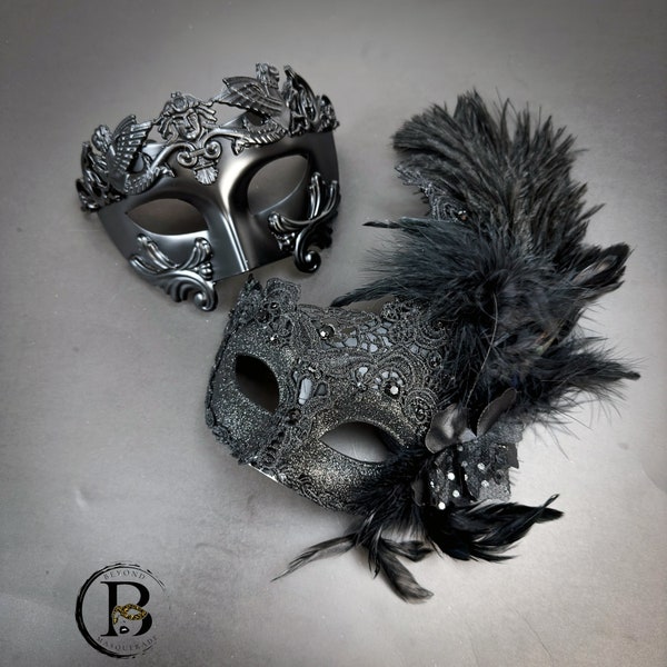 Black Lace Feather Masquerade Mask, Mardi Gras Venetian Masquerade Ball Mask, Couples Masquerade Masks, Roaring 20s Masks His and Hers Mask