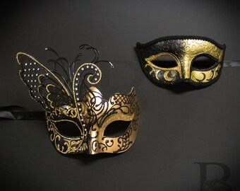 New! Couples Masquerade Masks, His & Hers Masquerade Masks - Bestselling Gold Mask and Laser Cut Masquerade Mask