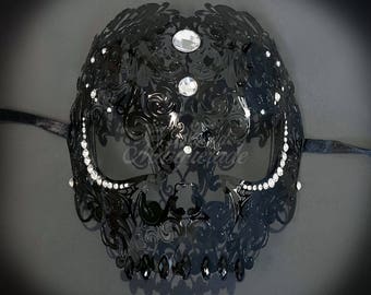 Day of the Dead Masquerade Mask - Exquisite Skull Head Laser Cut Masquerade Mask - Metal Mask by 4everstore (4 colors gems available)