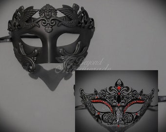 His & Hers Couples Masquerade Mask, Masquerade Masks for Couples, Masquerade Masks Mardi Gras Masks, Black Metal Mask, Red Rhinestones