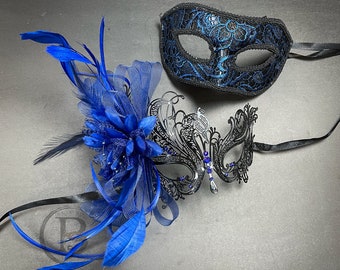 Royal Blue Couples Masquerade Masks, His and Hers Masks, Halloween Filigree Metal Swan Venetian Masquerade Masks with Blue Feather