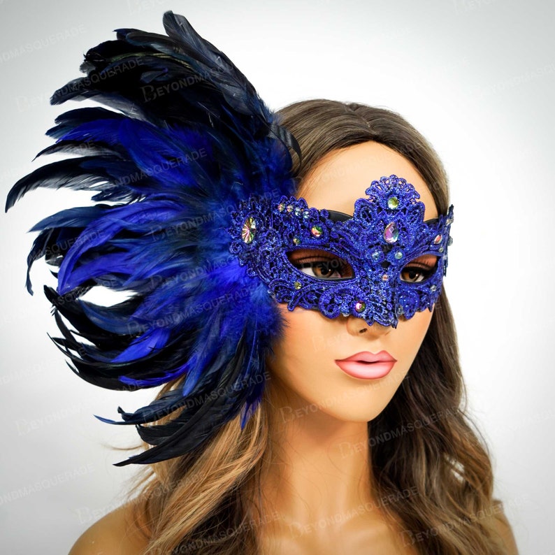 Blue Feather Masquerade Masks Blue Masquerade Mask Halloween Etsy