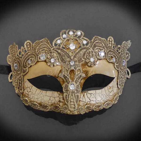 New! Venetian Goddess Masquerade Mask Made of Resin, Paper Mache Technique with High Fashion Macrame Lace & Diamonds