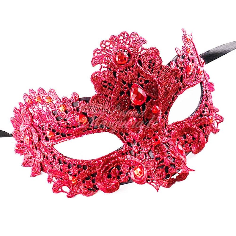 Red Lace Mask, Red Lace Masquerade Mask, Mask w/ Exquisite Red Rhinestones, Lace Masquerade Mask Red Gems image 3