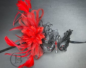 Red Feather Masquerade Masks, Red Feather Masquerade Mask, Halloween Masquerade Mask, Masquerade Ball Mardi Gras Party Mask, Red Black Masks