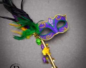 Holding Stick Mask, Mardi Gras Masquerade Mask, Mask with Stick, Masquerade Mask, Mardi Gras Mask, Feather Mask, Feather Masquerade Mask