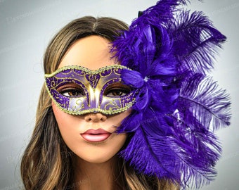 Halloween Masquerade Masks, Purple Mask, Large Feathers, Big Feather Mask, Feather Masquerade Ball Mask, Wedding Mask, Carnival Party Mask
