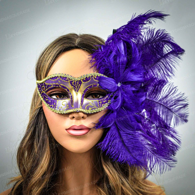 Halloween Masquerade Masks Purple Mask Large Feathers Big Etsy