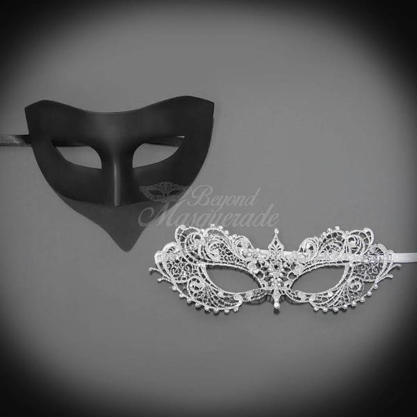 Inspired by Anastasia Mask, Masquerade Mask Couples, His & Hers Masquerade Mask, Silver Lace Mask RHINESTONES, Christian Black Mask