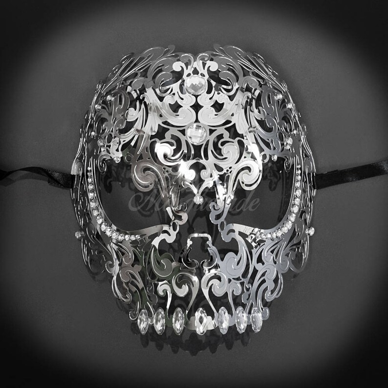 Silver Full Face Skull Mask Day of the Dead Masquerade Mask Etsy