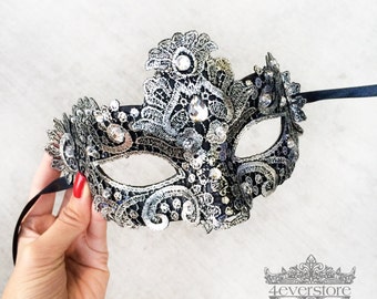 Lace Mask, Metallic Silver Black Lace Masquerade Mask, Mask w/ Exquisite Clear Rhinestones, Lace Masquerade Mask [Metallic Silver on Black]