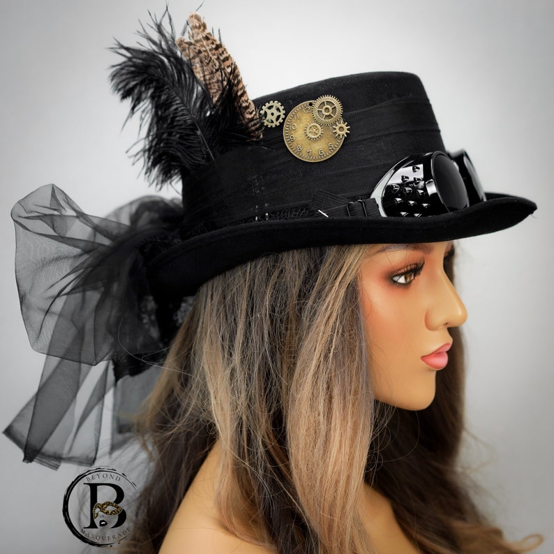 Chapeau haut de forme steampunk noir avec lunettes, chapeau avec voile, engrenages steampunk, accessoires steampunk, costume d'Halloween steampunk image 5