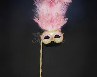 Masquerade Mask Gold Pink, Mardi Gras Mask, Mask with Handheld Stick, Mardi Gras Masks, Masquerade Ball, Handheld Stick Mask