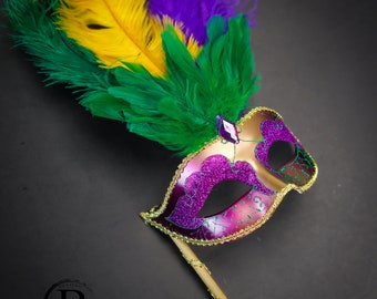 Mardi Gras Feather Masquerade Mask with Holding Stick, Mardi Gras Mask, Mask Handheld Stick, Mardi Gras Masks, Stick Mask, Halloween Mask