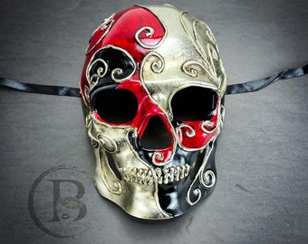 Day of the Dead Mask for Men, Dia de los Muertos Mask, Masquerade Mask for Halloween Day of the Dead Skull Mask Red Black Silver Candy Skull