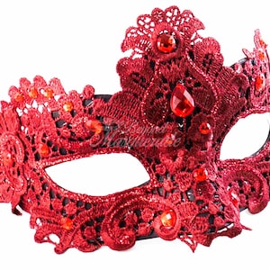 Red Lace Mask, Red Lace Masquerade Mask, Mask w/ Exquisite Red Rhinestones, Lace Masquerade Mask Red Gems image 4