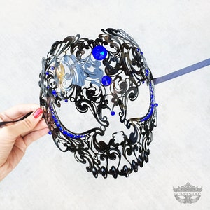 Black Skull Mask with Blue Rhinestones - Laser Cut Masquerade Mask - Exquisite Skull Head Masquerade Mask - Metal Mask by 4everstore