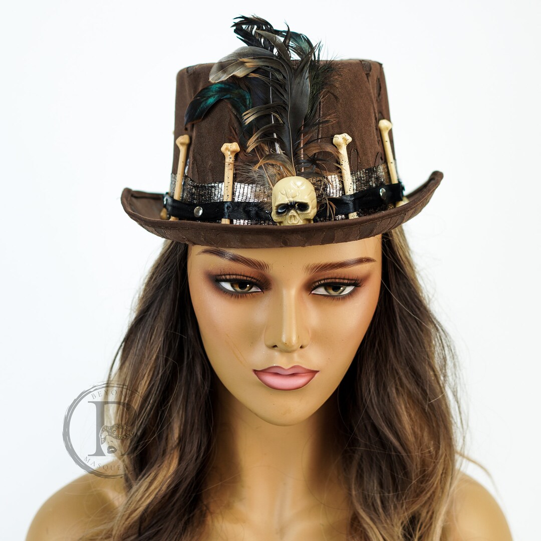 Brown Voodoo Tall Hat Skeleton Skull Top Hat Skull Hat Tribal Detail