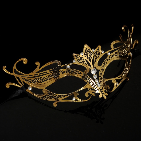 Masquerade Mask, Gold Masquerade Mask,  Masquerade Ball Mask, Mask w/ Exquisite Rhinestones,  [Clear Rhinestones]