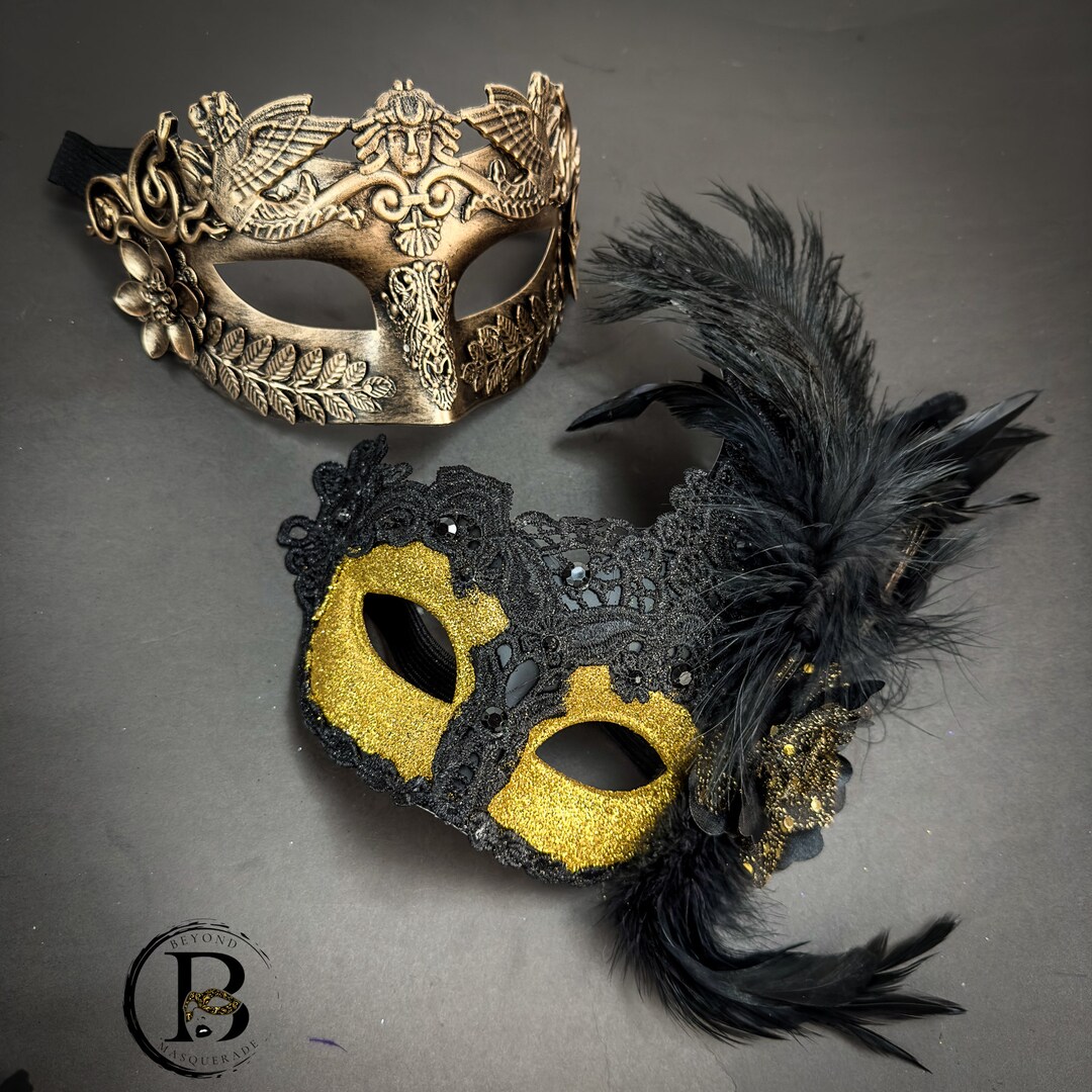 Black Gold Mardi Gras Masquerade Masks for Men Women, Couples