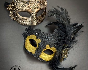 Black Gold Mardi Gras Masquerade Masks for Men Women, Couples Masquerade Masks, Masquerade Masks for Couples His Hers Masquerade Ball Mask