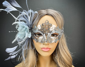 Masque de mascarade en argent, Masques de bal de mascarade de mascarade de plumes de coiffeuse de plumes de coiffeuse de mascarade, Masques de bal masqués de mascarade