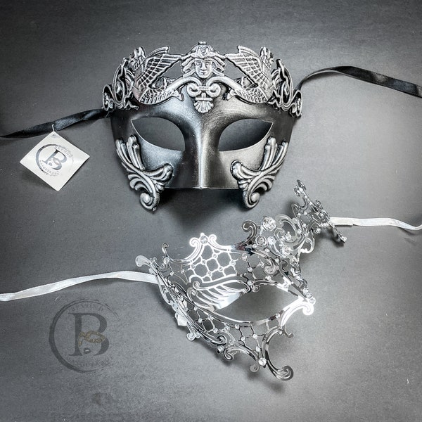 Couples Masquerade Masks, Silver Couple's Masks, His & Hers Masquerade Masks, Chrome Silver Roman Mask Laser Cut Masquerade Mask Wedding