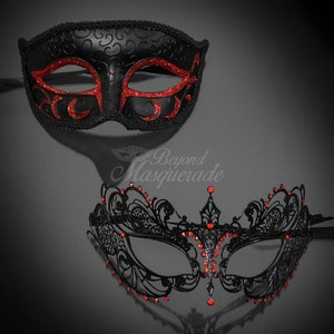 Black Red Couples Masquerade Mask, His & Hers Masquerade Mask, Filigree Metal Masquerade Mask, Mardi Gras Masks