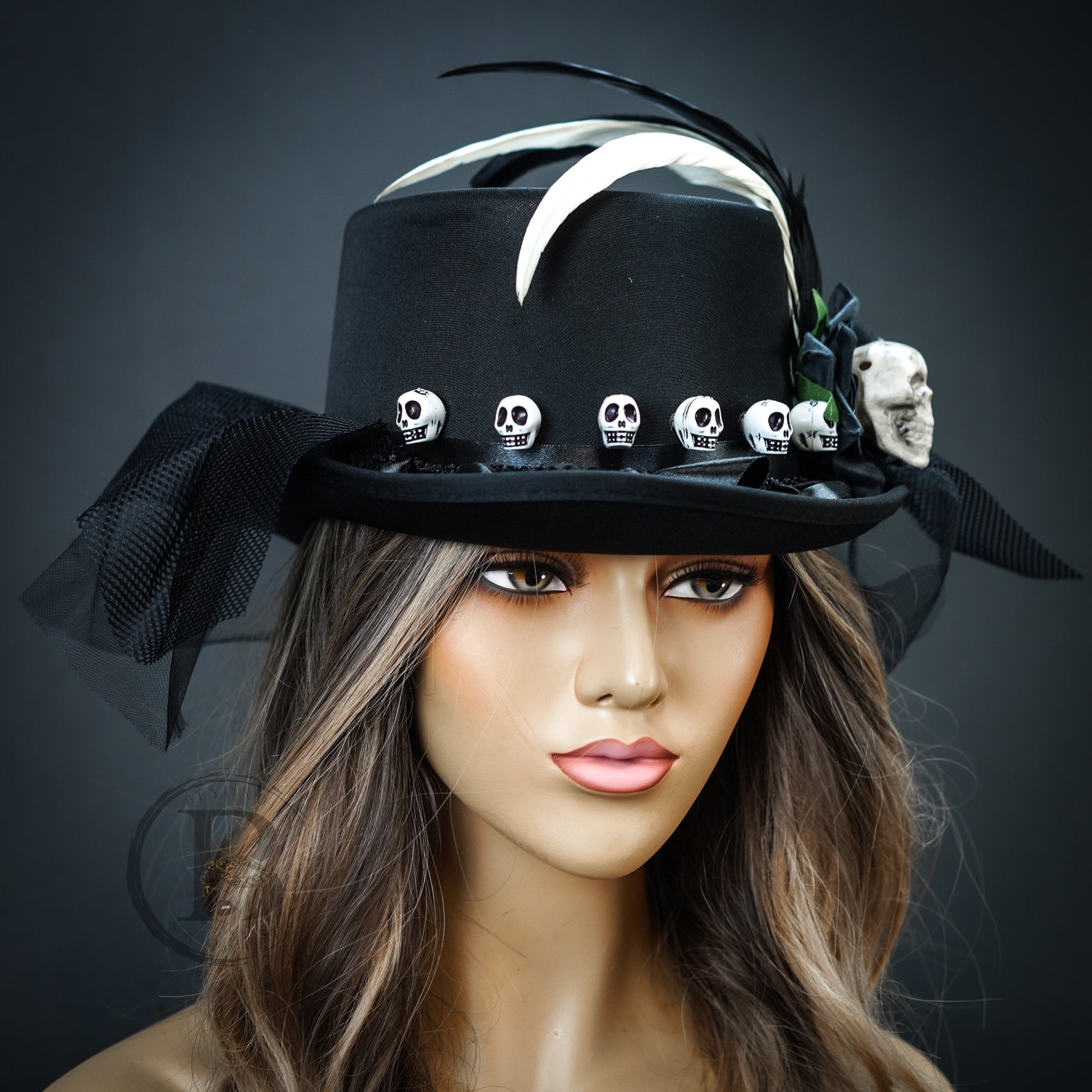 Halloween Steampunk Hat Black Skull Hat Veil Feather Skull Etsy