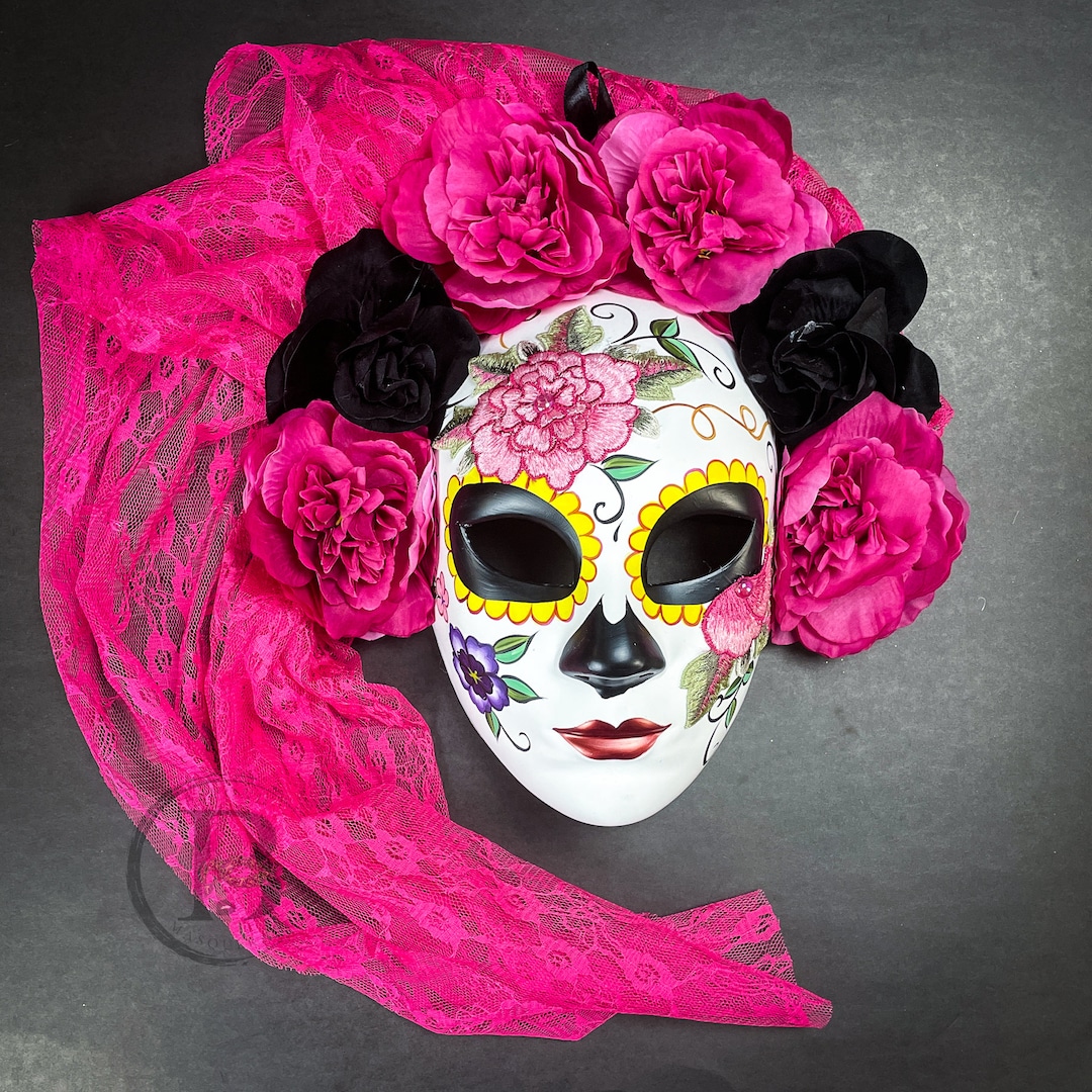 Pink Roses Day of the Dead Mask With Veil, Dia De Los Muertos Masks, Masquerade Mask for