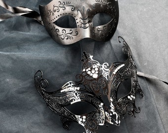 Couple's masquerade masks, masquerade masks, men's masquerade masks, masquerade mask women, black masks, black leather mask, black metal