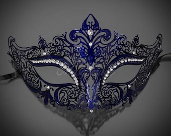 Navy Blue Laser Cut Venetian Mardi Gras Masquerade Mask with Sparkling Rhinestones - Made with Light Metal