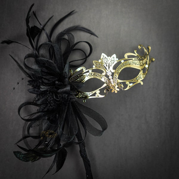 Masquerade Mask, The Great Gatsby Dress, 1920's Masquerade Mask, Gold Venetian Masquerade Mask with Diamonds, Veil, Feathers and Gems