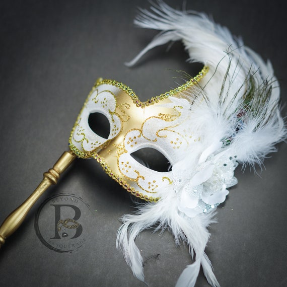 Feather Masquerade Mask, Mardi Gras Mask, Gold & White Mask With