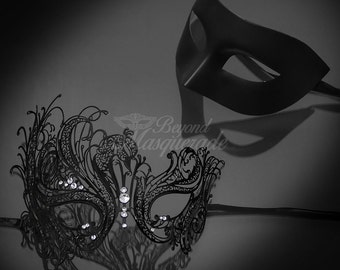 Masque de mascarade noir pour couples, masque de mascarade His & Hers, masque de mascarade en métal filigrane, masques de Mardi Gras