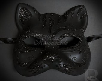 Gatto Cat Costume Masquerade Mask, Mardi Gras Venetian Music Party Ball Mask Black