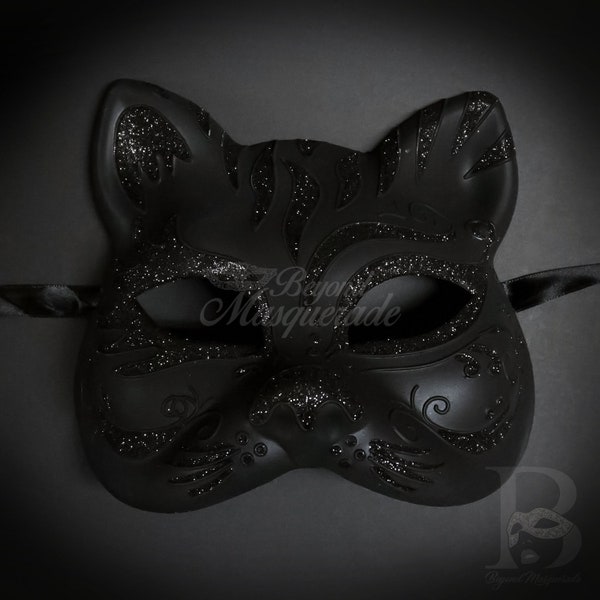 Gatto Cat Costume Masquerade Mask, Mardi Gras Venetian Music Party Ball Mask Black