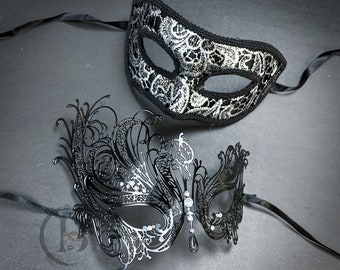 Silver Black Couples Masquerade Mask for Men Women Black Masquerade Mask, Mens Masquerade Mask, Masquerade Masks Women, Halloween Couples