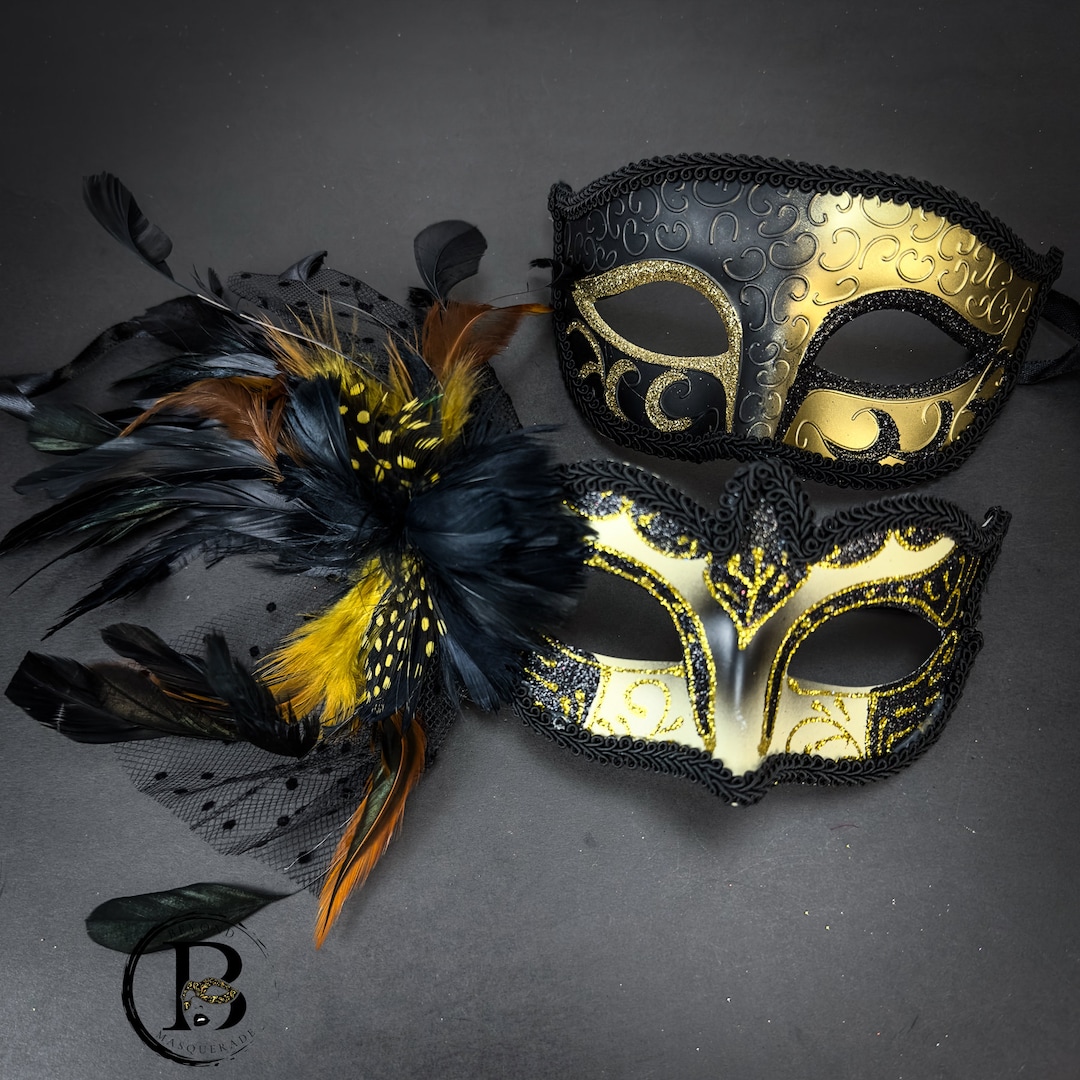 Black Gold Masquerade Masks With Feathers Masquerade Mask Feathers