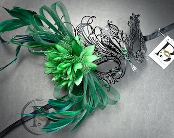 Masques de mascarade de bal de mariage noir et vert, plumes vertes, masque de mascarade de plumes de coiffure de luxe, fascinateur de plumes