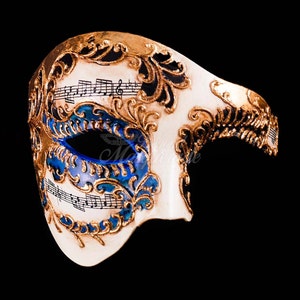 Men's Masquerade Mask, Blue Phantom Mask,  Ivory Phantom of the Opera Mask, Mask with Music Notes, Masquerade Mask Men, Mardi Gras