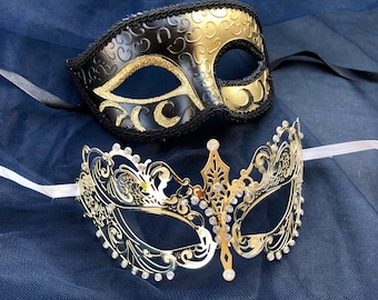 Couple's masquerade masks, masquerade masks, men's masquerade masks, masquerade mask women, black masks, black leather mask, black and gold